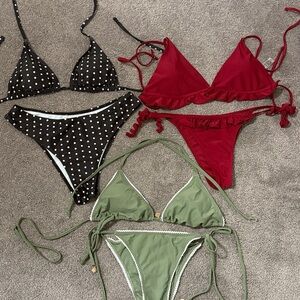 SHEIN Red, Black Polka Dot & Olive Green Triangle Bikini Set Trio